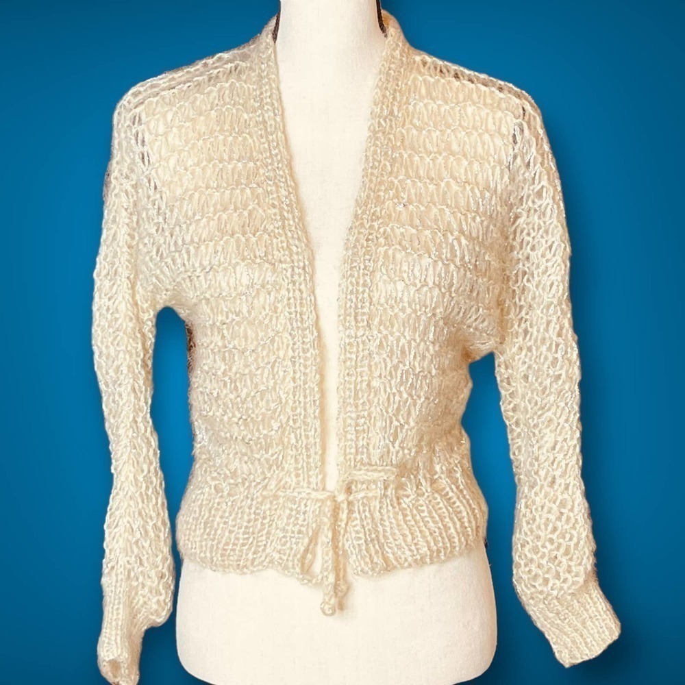 New Zealand Hand Knit Luxury Shimmery Cardigan Sweater Open Knit Cream Color S/M